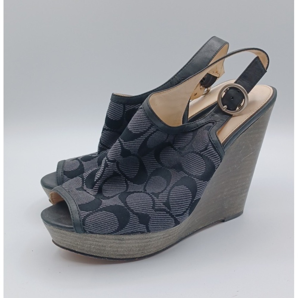 Coach Jackie Wedge Peep Toe Platforms Signature C Fabric Graphite & Black 8.5 B - Picture 2 of 8
